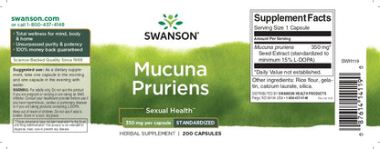 Mucuna Pruriens, 350 mg (15% L-DOPA), 200 kapsler, Swanson (fløjlsbønner)