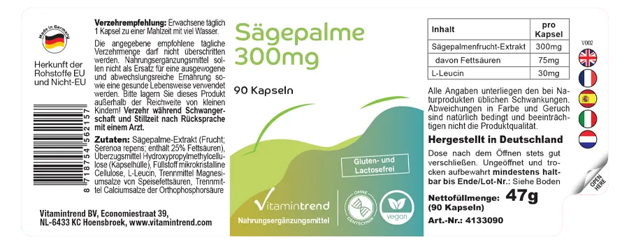 Savpalme 300 mg, vegansk, 90 kapsler, VitaminTrend