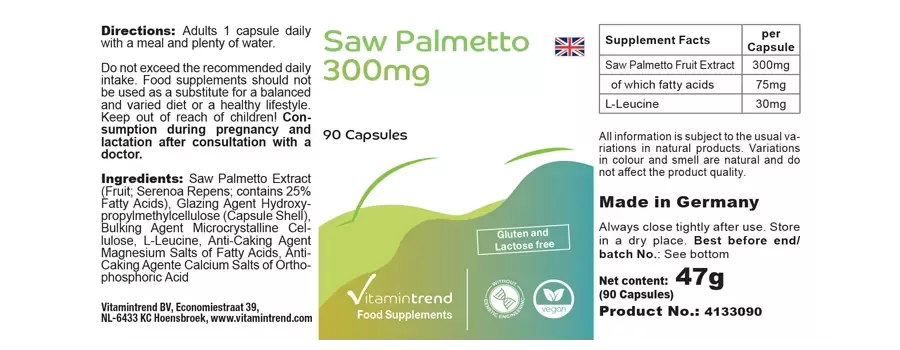 Savpalme 300 mg, vegansk, 90 kapsler, VitaminTrend