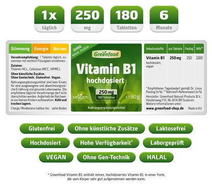 Vitamin B1, 250 mg, 180 kapsler, Greenfood