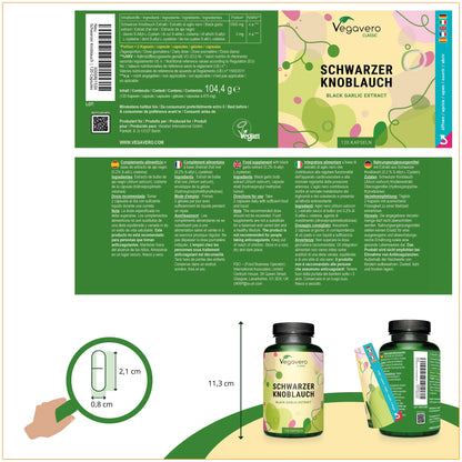 Sort hvidløgsekstrakt, 120 kapsler med 750 mg, 3 mg SaC, Vegavero (På lager ca 24/10)