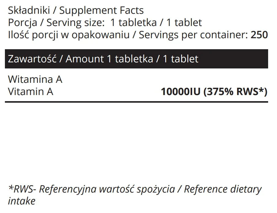 Vitamin A 10000IU- 10.000 IE (375 mcg), 250 tabletter, Sowelo