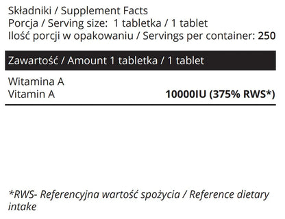 Vitamin A 10000IU- 10.000 IE (375 mcg), 250 tabletter, Sowelo