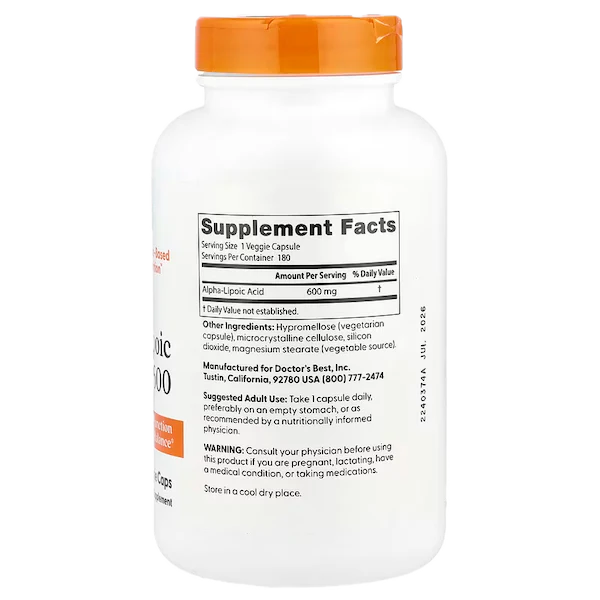 Alpha-Liponsyre (ALA), 600 mg, 180 kapsler, Doctors Best (alfa) (Restordre ved leverandør)
