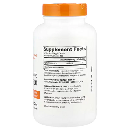Alpha-Liponsyre (ALA), 600 mg, 180 kapsler, Doctors Best (alfa) (Restordre ved leverandør)