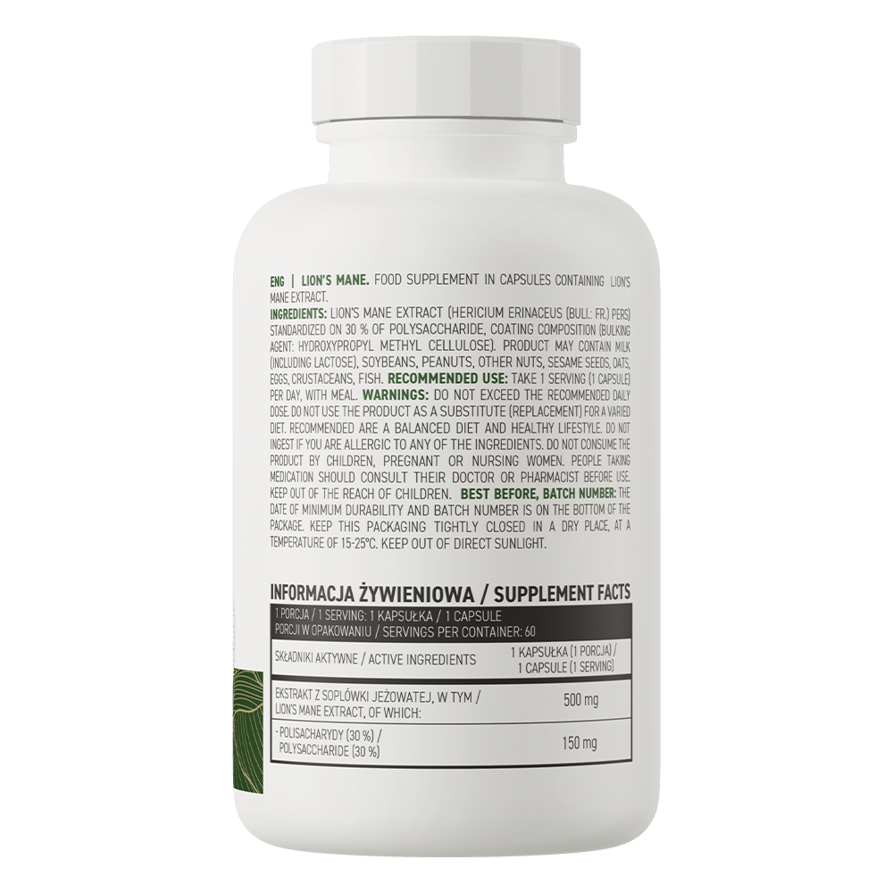 Lion's Mane svampeekstrakt, 500 mg (30% polysakkarider), 60 kapsler, OstroVit