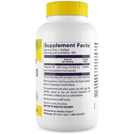 Vitamin D3, Depot, 10.000 IE, 360 Softgel, Healthy Origins