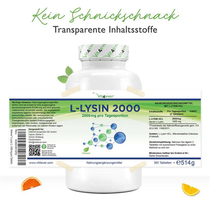 L-Lysin 2000, 1000 mg, 365 tabletter, vit4ever