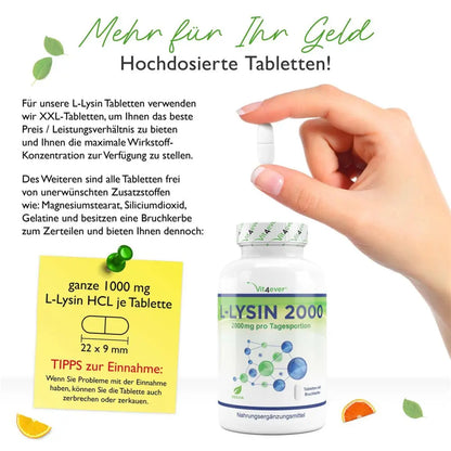 L-Lysin 2000, 1000 mg, 365 tabletter, vit4ever