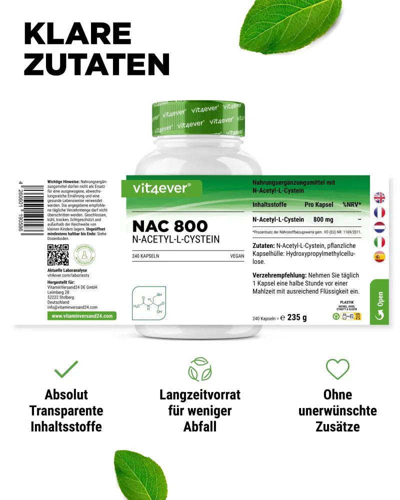 NAC (N-Acetyl-L-Cystein), 800 mg, 240 kapsler, Vit4ever