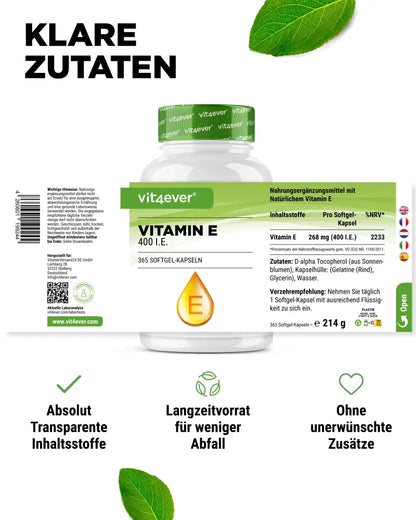 E-vitamin, 400 i.e., 365 Softgel kapsler, Vit4ever (Restordre ubestemt tid hos leverandør)