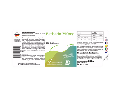 Berberin, 750 mg, høj dosis, 250 tabletter, VitaminTrend