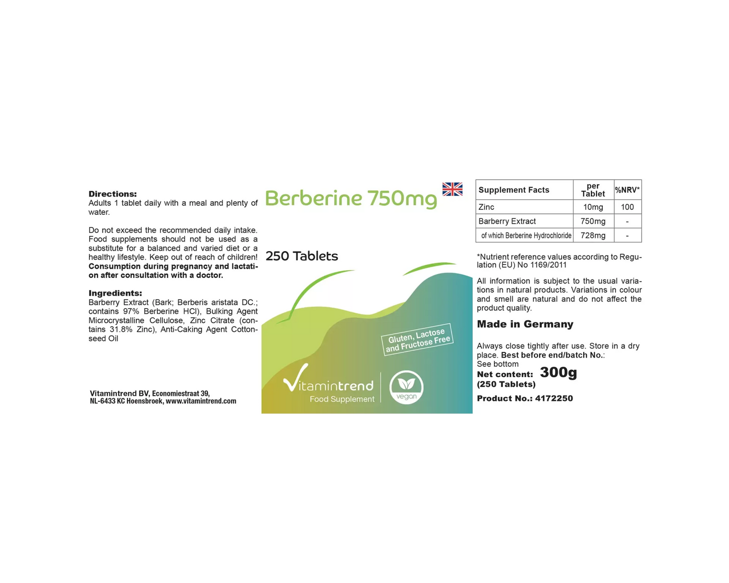 Berberin, 750 mg, høj dosis, 250 tabletter, VitaminTrend